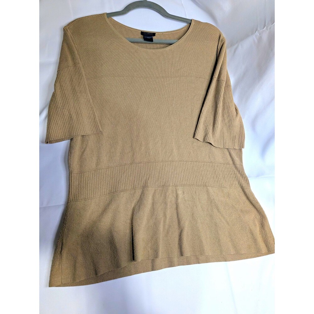 Ann Taylor Women's Beige Solid Knit Round Neck Short Sleeve Pullover Sweater L